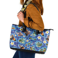 Hawaiian Island Shapes-Iconic Landscape Leather Tote Bag with Plumeria and Palaka Blue Color LT03 Blue - Polynesian Pride