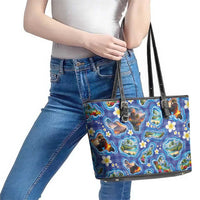 Hawaiian Island Shapes-Iconic Landscape Leather Tote Bag with Plumeria and Palaka Blue Color LT03 - Polynesian Pride