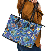 Hawaiian Island Shapes-Iconic Landscape Leather Tote Bag with Plumeria and Palaka Blue Color LT03 - Polynesian Pride