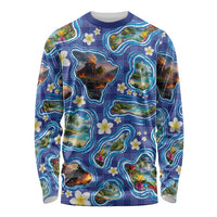 Hawaiian Island Shapes-Iconic Landscape Long Sleeve Shirt with Plumeria and Palaka Blue Color LT03 Unisex Blue - Polynesian Pride