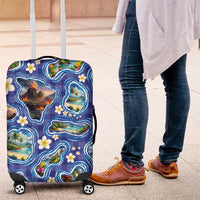 Hawaiian Island Shapes-Iconic Landscape Luggage Cover with Plumeria and Palaka Blue Color LT03 Blue - Polynesian Pride