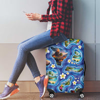 Hawaiian Island Shapes-Iconic Landscape Luggage Cover with Plumeria and Palaka Blue Color LT03 - Polynesian Pride