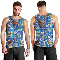 Hawaiian Island Shapes-Iconic Landscape Men Tank Top with Plumeria and Palaka Blue Color LT03 - Polynesian Pride