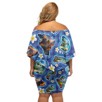 Hawaiian Island Shapes-Iconic Landscape Off Shoulder Short Dress with Plumeria and Palaka Blue Color LT03 - Polynesian Pride