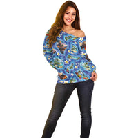 Hawaiian Island Shapes-Iconic Landscape Off Shoulder Sweater with Plumeria and Palaka Blue Color LT03 - Polynesian Pride