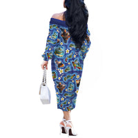 Hawaiian Island Shapes-Iconic Landscape Off The Shoulder Long Sleeve Dress with Plumeria and Palaka Blue Color LT03 - Polynesian Pride