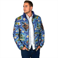 Hawaiian Island Shapes-Iconic Landscape Padded Jacket with Plumeria and Palaka Blue Color
