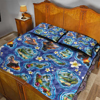 Hawaiian Island Shapes-Iconic Landscape Quilt Bed Set with Plumeria and Palaka Blue Color LT03 - Polynesian Pride