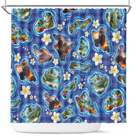 Hawaiian Island Shapes-Iconic Landscape Shower Curtain with Plumeria and Palaka Blue Color LT03 Blue - Polynesian Pride