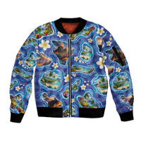 Hawaiian Island Shapes-Iconic Landscape Sleeve Zip Bomber Jacket with Plumeria and Palaka Blue Color LT03 Unisex Blue - Polynesian Pride