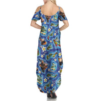 Hawaiian Island Shapes-Iconic Landscape Summer Maxi Dress with Plumeria and Palaka Blue Color LT03 - Polynesian Pride