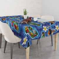 Hawaiian Island Shapes-Iconic Landscape Tablecloth with Plumeria and Palaka Blue Color