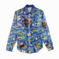 Hawaiian Island Shapes-Iconic Landscape Women Casual Shirt with Plumeria and Palaka Blue Color LT03 - Polynesian Pride