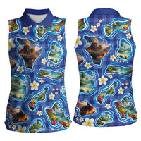 Hawaiian Island Shapes-Iconic Landscape Women Sleeveless Polo Shirt with Plumeria and Palaka Blue Color LT03 - Polynesian Pride