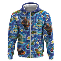 Hawaiian Island Shapes-Iconic Landscape Zip Hoodie with Plumeria and Palaka Blue Color LT03 Zip Hoodie Blue - Polynesian Pride