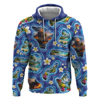 Hawaiian Island Shapes-Iconic Landscape Zip Hoodie with Plumeria and Palaka Blue Color LT03 Pullover Hoodie Blue - Polynesian Pride