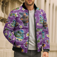 Hawaiian Island Shapes-Iconic Landscape Bomber Puffer Jacket with Plumeria and Palaka Purple Color LT03 - Polynesian Pride