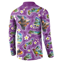 Hawaiian Island Shapes-Iconic Landscape Button Sweatshirt with Plumeria and Palaka Purple Color