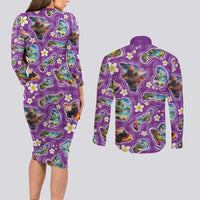 Hawaiian Island Shapes-Iconic Landscape Couples Matching Long Sleeve Bodycon Dress and Long Sleeve Button Shirt with Plumeria and Palaka Purple Color LT03 - Polynesian Pride