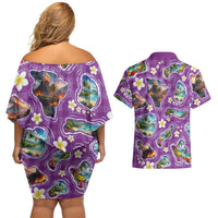 Hawaiian Island Shapes-Iconic Landscape Couples Matching Off Shoulder Short Dress and Hawaiian Shirt with Plumeria and Palaka Purple Color LT03 - Polynesian Pride
