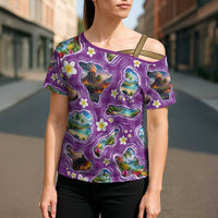 Hawaiian Island Shapes-Iconic Landscape Cross Shoulder Shirt with Plumeria and Palaka Purple Color LT03 - Polynesian Pride