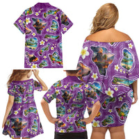 Hawaiian Island Shapes-Iconic Landscape Family Matching Off Shoulder Short Dress and Hawaiian Shirt with Plumeria and Palaka Purple Color LT03 - Polynesian Pride