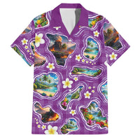 Hawaiian Island Shapes-Iconic Landscape Family Matching Off Shoulder Short Dress and Hawaiian Shirt with Plumeria and Palaka Purple Color LT03 Dad's Shirt - Short Sleeve Purple - Polynesian Pride