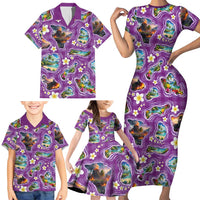 Hawaiian Island Shapes-Iconic Landscape Family Matching Short Sleeve Bodycon Dress and Hawaiian Shirt with Plumeria and Palaka Purple Color LT03 - Polynesian Pride