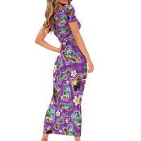 Hawaiian Island Shapes-Iconic Landscape Family Matching Short Sleeve Bodycon Dress and Hawaiian Shirt with Plumeria and Palaka Purple Color LT03 - Polynesian Pride