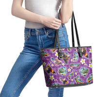 Hawaiian Island Shapes-Iconic Landscape Leather Tote Bag with Plumeria and Palaka Purple Color LT03 - Polynesian Pride