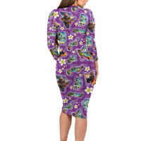 Hawaiian Island Shapes-Iconic Landscape Long Sleeve Bodycon Dress with Plumeria and Palaka Purple Color LT03 - Polynesian Pride