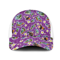 Hawaiian Island Shapes-Iconic Landscape Mesh Trucker Cap with Plumeria and Palaka Purple Color LT03 One Size White Purple - Polynesian Pride