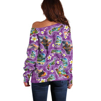 Hawaiian Island Shapes-Iconic Landscape Off Shoulder Sweater with Plumeria and Palaka Purple Color LT03 - Polynesian Pride