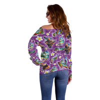 Hawaiian Island Shapes-Iconic Landscape Off Shoulder Sweater with Plumeria and Palaka Purple Color LT03 - Polynesian Pride