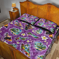 Hawaiian Island Shapes-Iconic Landscape Quilt Bed Set with Plumeria and Palaka Purple Color LT03 - Polynesian Pride