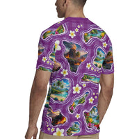 Hawaiian Island Shapes-Iconic Landscape Rugby Jersey with Plumeria and Palaka Purple Color LT03 - Polynesian Pride