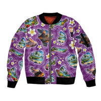 Hawaiian Island Shapes-Iconic Landscape Sleeve Zip Bomber Jacket with Plumeria and Palaka Purple Color LT03 Unisex Purple - Polynesian Pride