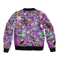 Hawaiian Island Shapes-Iconic Landscape Sleeve Zip Bomber Jacket with Plumeria and Palaka Purple Color LT03 - Polynesian Pride