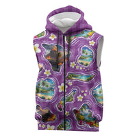 Hawaiian Island Shapes-Iconic Landscape Sleeveless Zip Hoodie with Plumeria and Palaka Purple Color LT03 Purple - Polynesian Pride