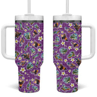 Hawaiian Island Shapes-Iconic Landscape Tumbler With Handle with Plumeria and Palaka Purple Color LT03 One Size: 40 oz Purple - Polynesian Pride