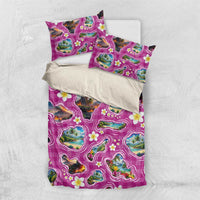 Hawaiian Island Shapes-Iconic Landscape Bedding Set with Plumeria and Palaka Pink Color