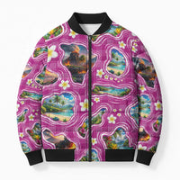 Hawaiian Island Shapes-Iconic Landscape Bomber Puffer Jacket with Plumeria and Palaka Pink Color LT03 Unisex Pink - Polynesian Pride