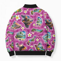 Hawaiian Island Shapes-Iconic Landscape Bomber Puffer Jacket with Plumeria and Palaka Pink Color LT03 - Polynesian Pride
