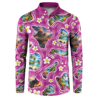 Hawaiian Island Shapes-Iconic Landscape Button Sweatshirt with Plumeria and Palaka Pink Color