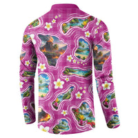 Hawaiian Island Shapes-Iconic Landscape Button Sweatshirt with Plumeria and Palaka Pink Color