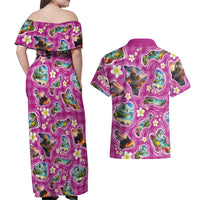 Hawaiian Island Shapes-Iconic Landscape Couples Matching Off Shoulder Maxi Dress and Hawaiian Shirt with Plumeria and Palaka Pink Color LT03 - Polynesian Pride