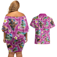 Hawaiian Island Shapes-Iconic Landscape Couples Matching Off Shoulder Short Dress and Hawaiian Shirt with Plumeria and Palaka Pink Color LT03 - Polynesian Pride