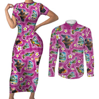 Hawaiian Island Shapes-Iconic Landscape Couples Matching Short Sleeve Bodycon Dress and Long Sleeve Button Shirt with Plumeria and Palaka Pink Color LT03 Pink - Polynesian Pride