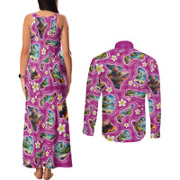 Hawaiian Island Shapes-Iconic Landscape Couples Matching Tank Maxi Dress and Long Sleeve Button Shirt with Plumeria and Palaka Pink Color LT03 - Polynesian Pride