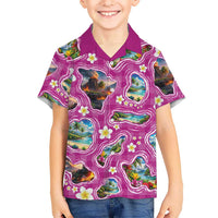Hawaiian Island Shapes-Iconic Landscape Family Matching Long Sleeve Bodycon Dress and Hawaiian Shirt with Plumeria and Palaka Pink Color LT03 Son's Shirt Pink - Polynesian Pride